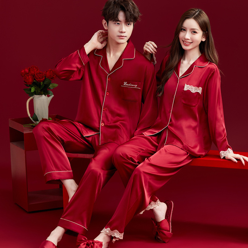 Red wedding pajamas, ice silk couple's set, high-end silk lace, zodiac year bride and groom's bridal home wear Red wedding pajamas, ice silk couple's set, high-end silk lace, zodiac year bride and groom's bridal home wear