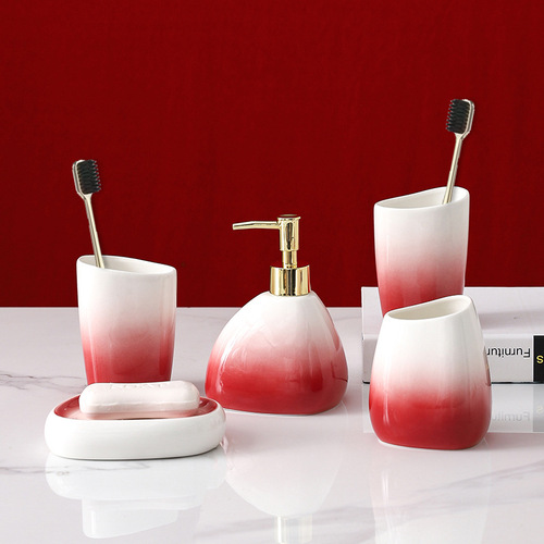 渐变红卫浴五件套欧式简约陶瓷洗漱四件套浴室用品套装结婚漱口杯