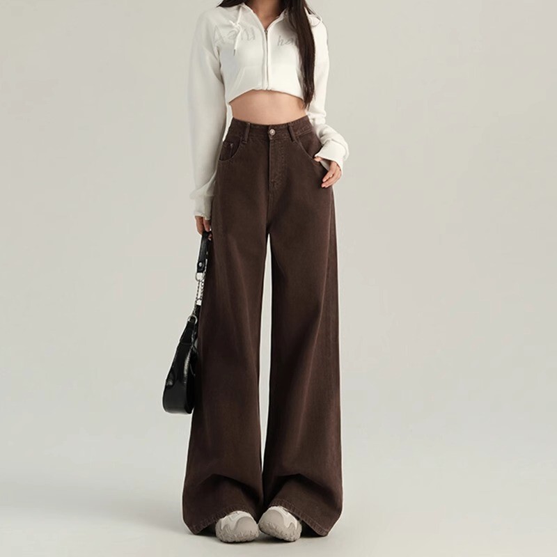 Brown Wide Leg Jeans Women's Trendy Fashionable All-match High Waist Slimming Casual Loose Dosing Straight Long Pants