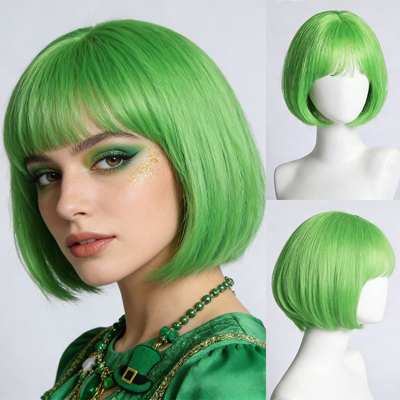 Cross-Border Carnival Anime Green High-Temperature Synthetic Fiber Bangs Bob Wig Cosplay Short Hair Wholesale