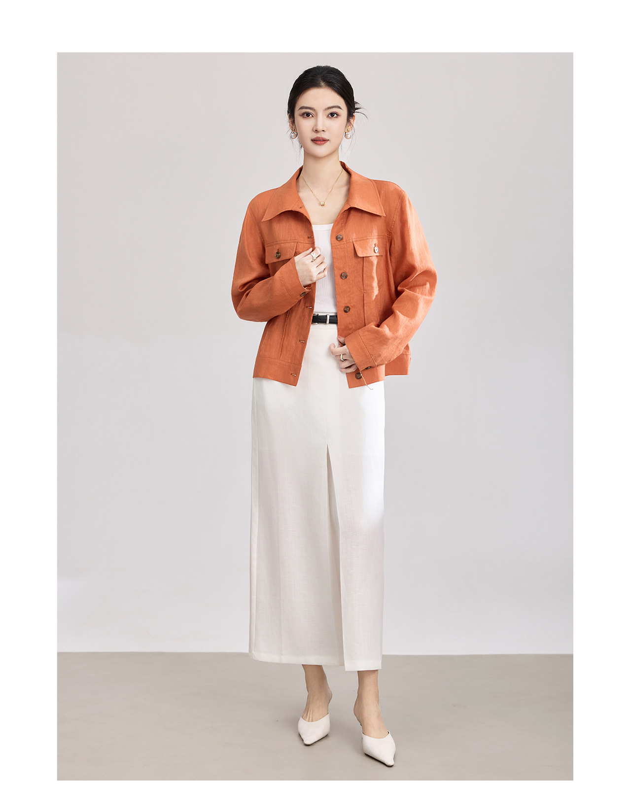 Chân váy xếp ly nữ cạp trung thấp, chất liệu tencel linen phối sọc răng cưa, xẻ tà — Xanh lông mòng đen chi tiết 12