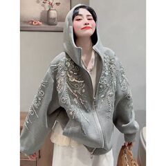 高级感重工亮片连帽卫衣外套欧洲站2025春季新款气质百搭纯色上衣