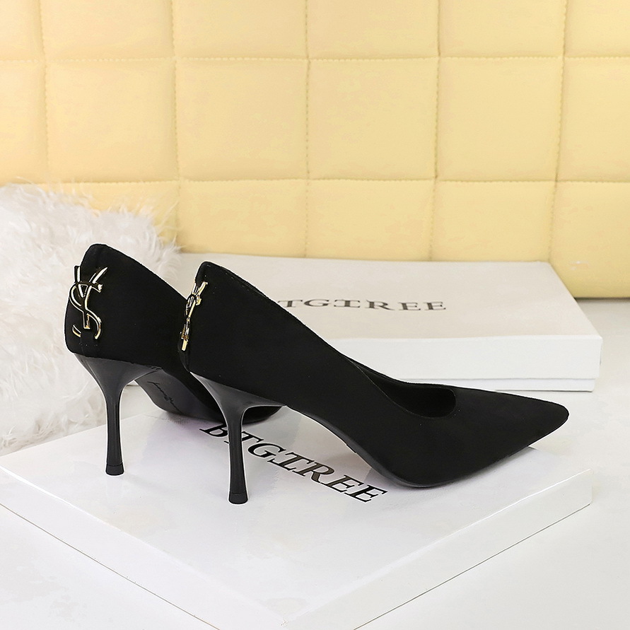 2279-A2 pointed slim heel high heels versatile black suede daily commuting women's shoes light mouth temperament single shoe