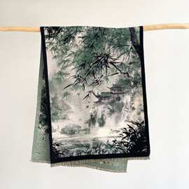 古风水墨画提花围巾秋冬季新款仿羊绒加厚保暖披肩女国潮空调披肩