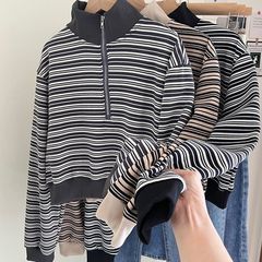条纹立领卫衣女短款套头女2025春秋季新款长袖半拉链百搭宽松上衣