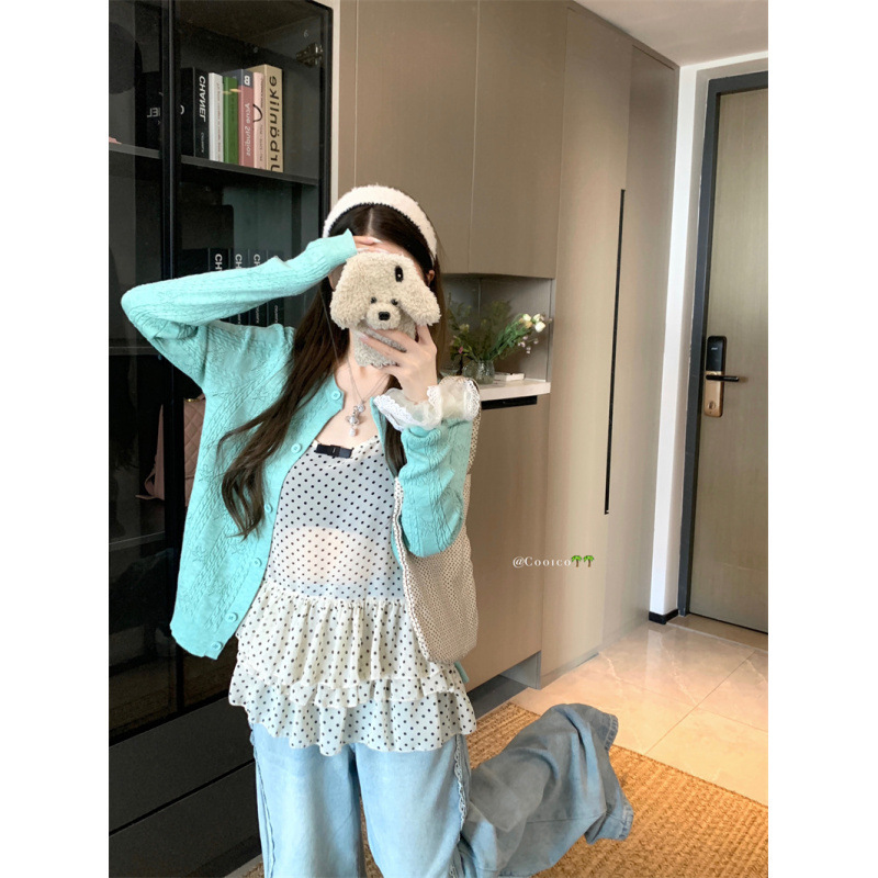 糖糖~ 薄荷绿针织开衫薄款外套女波点背心叠穿两件套|undefined