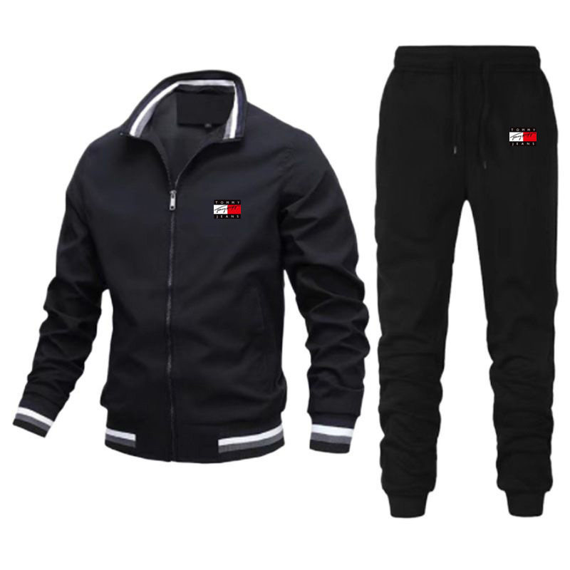 Conjunto de chaqueta informal para hombre 2024 con pantalones de patchwork, chaqueta con cuello alto estilo piloto, conjunto de alta calidad