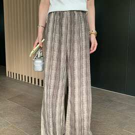2026树藤麻感条纹裤胖mm复古春季女印花轻国风直筒休闲裤