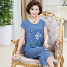 中老年棉麻睡衣女短袖8分裤套装夏季薄款凉感妈妈装可外穿家居服