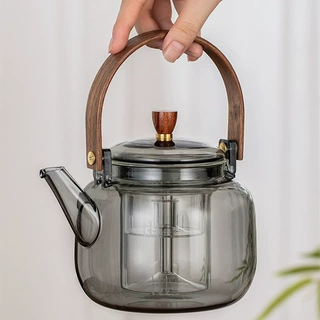 提梁壶蒸煮一体家用大容量蒸煮茶壶烟灰色木把玻璃煮茶壶星空壶