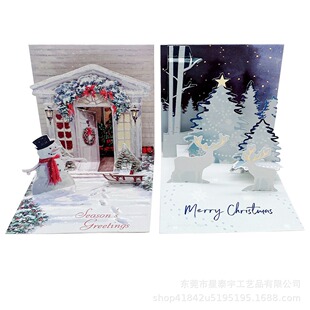 New Amazon Cross-border 3D Christmas Card Customized Christmas Cabin Snowman Fawn Holiday Blessing Card