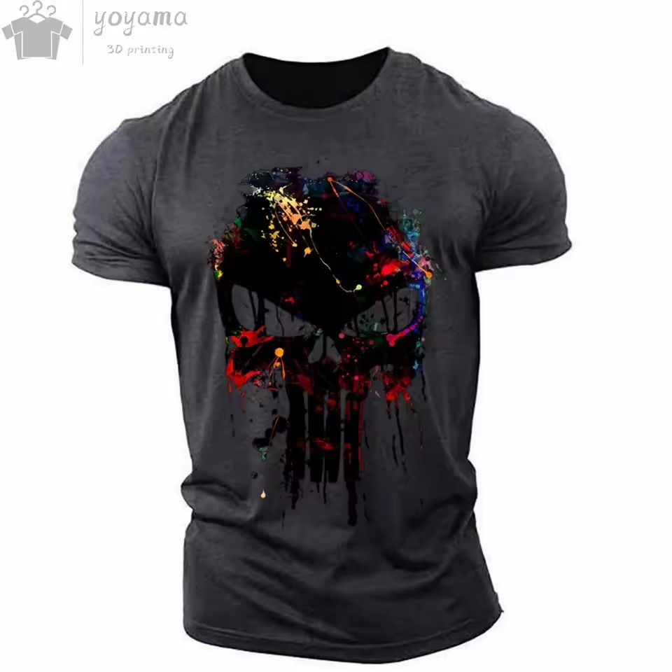 Moda venta caliente tinta calavera graffiti impresión 3D hombres verano calle moda hombro redondo cuello redondo camiseta de manga corta