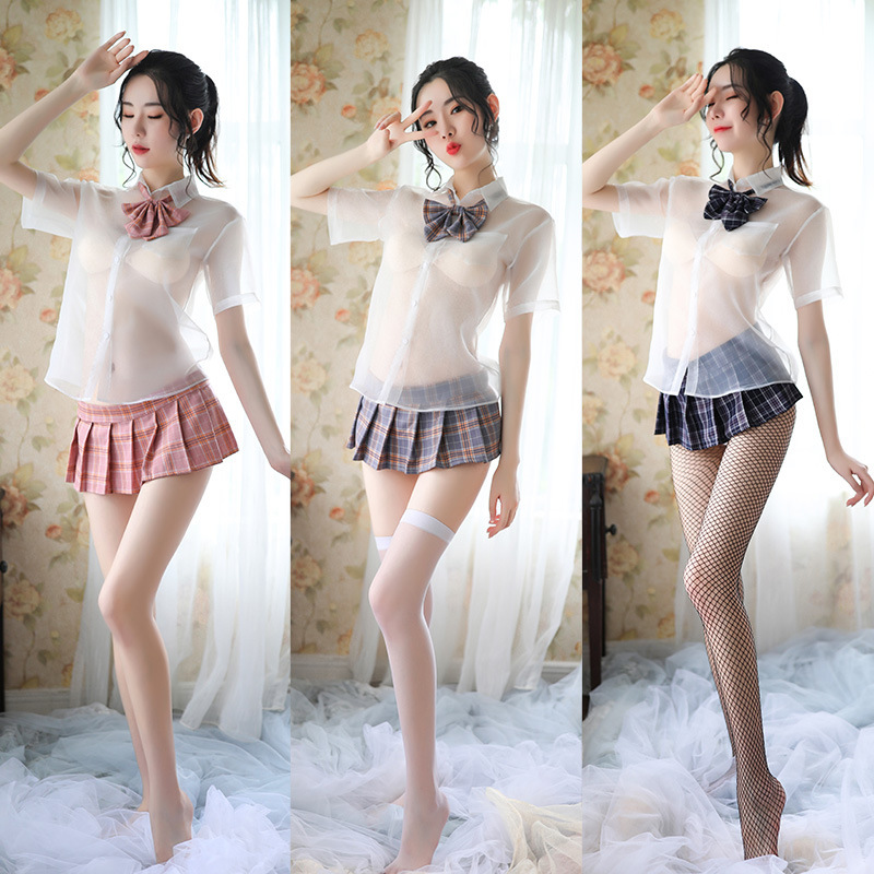 Lingerie Sexy Perspective Temptation Shirt Bow Uniform Passion Free College Plaid Pleated Skirt suit