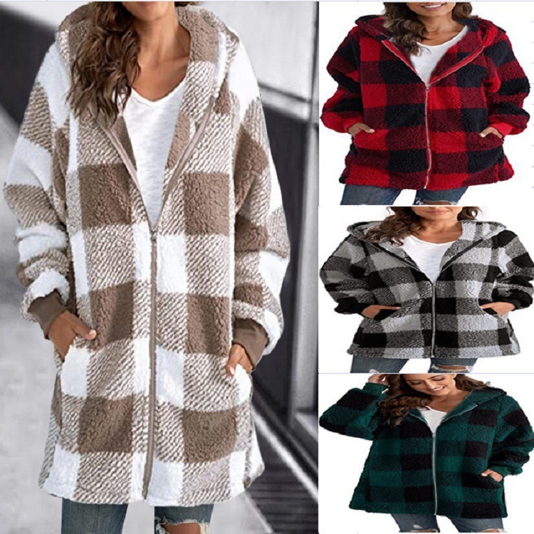 European and American Plush Women's Coat 2024 New Amazon Long Sleeve Plaid Hooded Zipper with Pocket Loose Coat