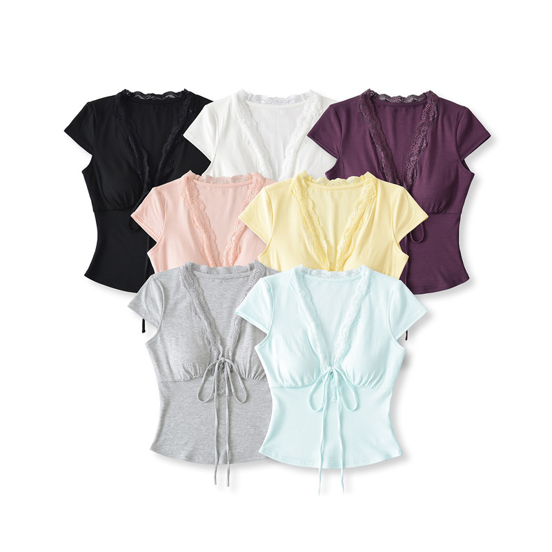 Hot Girl Sexy Slim Fit with Breast Pads V Neck Low-Cut Lace Short-Sleeved T-Shirt Women's Outer Wear Short Waist Top