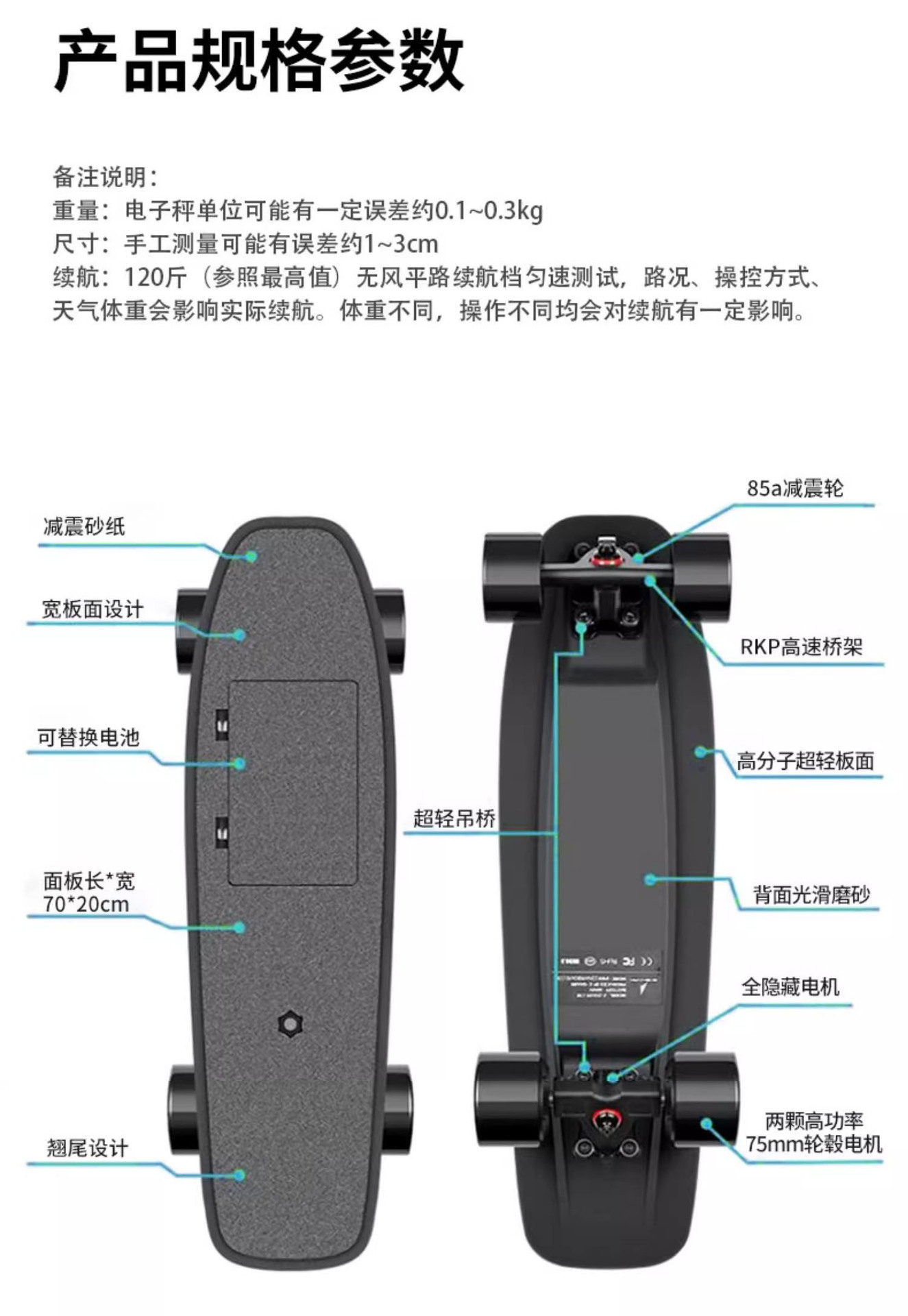 Electric Skateboard Dual Drive Detachable Battery 36V Wireless Remote