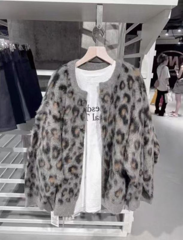 美式复古风宽松豹纹提花毛衣外套女2025秋冬加厚慵懒风针织开衫|undefined