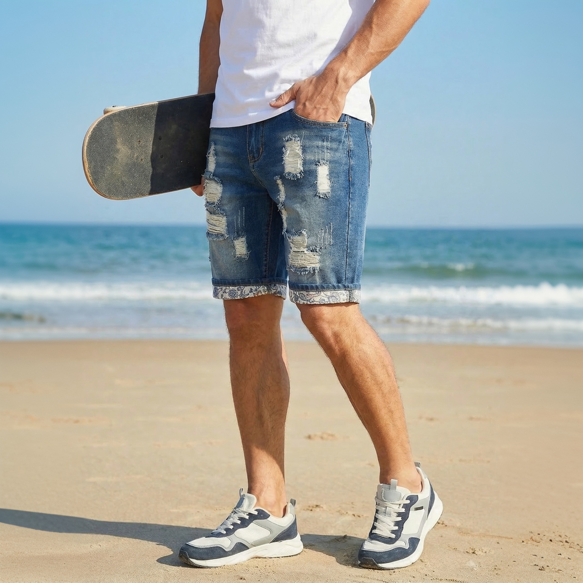 Men's Trendy Ripped Patched Denim Shorts Mid-Length Street Style Summer Riding Breeches Trade Hot Selling_mkmklike.com