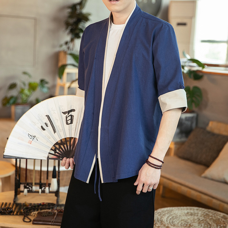Verano Hanfu, cortavientos cortos de manga de cinco puntos para hombre, estilo étnico, servicio de té, cárdigan de capa china de manga media image 5
