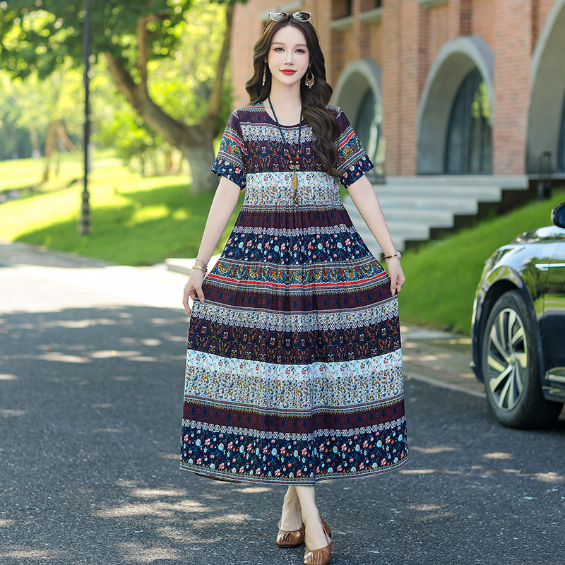 New Style Cotton Silk Dress for Mothers, Summer Short-Sleeve Ethnic Style Long Dress for Middle-Aged and Elderly Women, Elegant Home Wear Nightgown