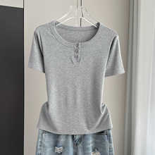 螺纹纽扣圆领短袖t恤女2025春夏季新款莫代尔内搭半袖打底上衣潮