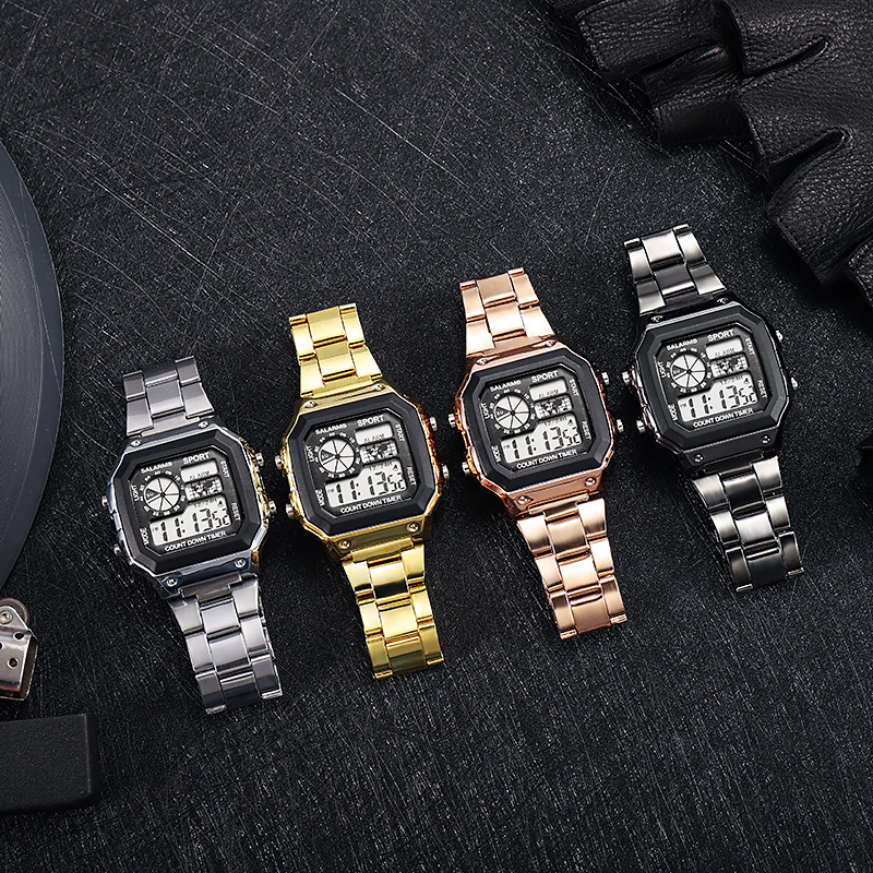 Foreign trade men's watch fashion LED luminous adult student watch square steel band sports electronic watch wholesale Foreign trade men's watch fashion LED luminous adult student watch square steel band sports electronic watch wholesale