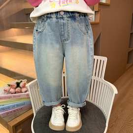 女小童卡通牛仔裤春秋款女宝宝洋气动漫裤秋装小女孩印花宽松长裤