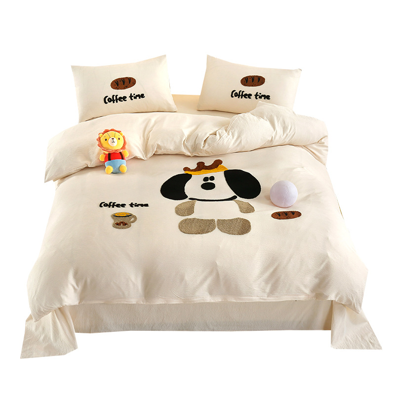 Otoño y invierno algodón ropa de cama toalla bordada cuatro piezas de sábanas cubierta cubierta dormitorio de estudiantes cama individual tres piezas de conjunto