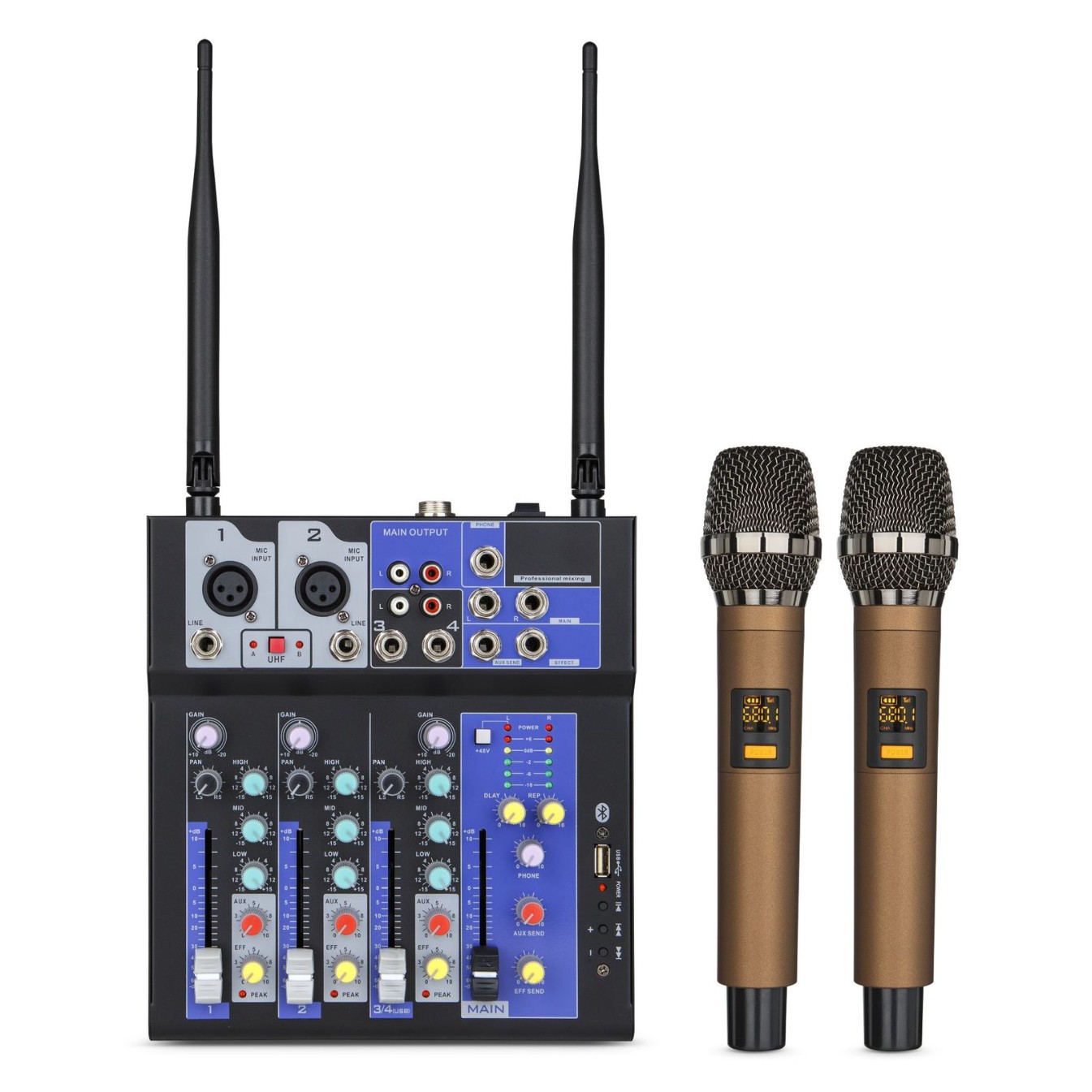 무선 마이크 올인원 기계 4 웨이 컴퓨터 사운드 카드 기타 블루투스 이펙터가있는 소형 믹서