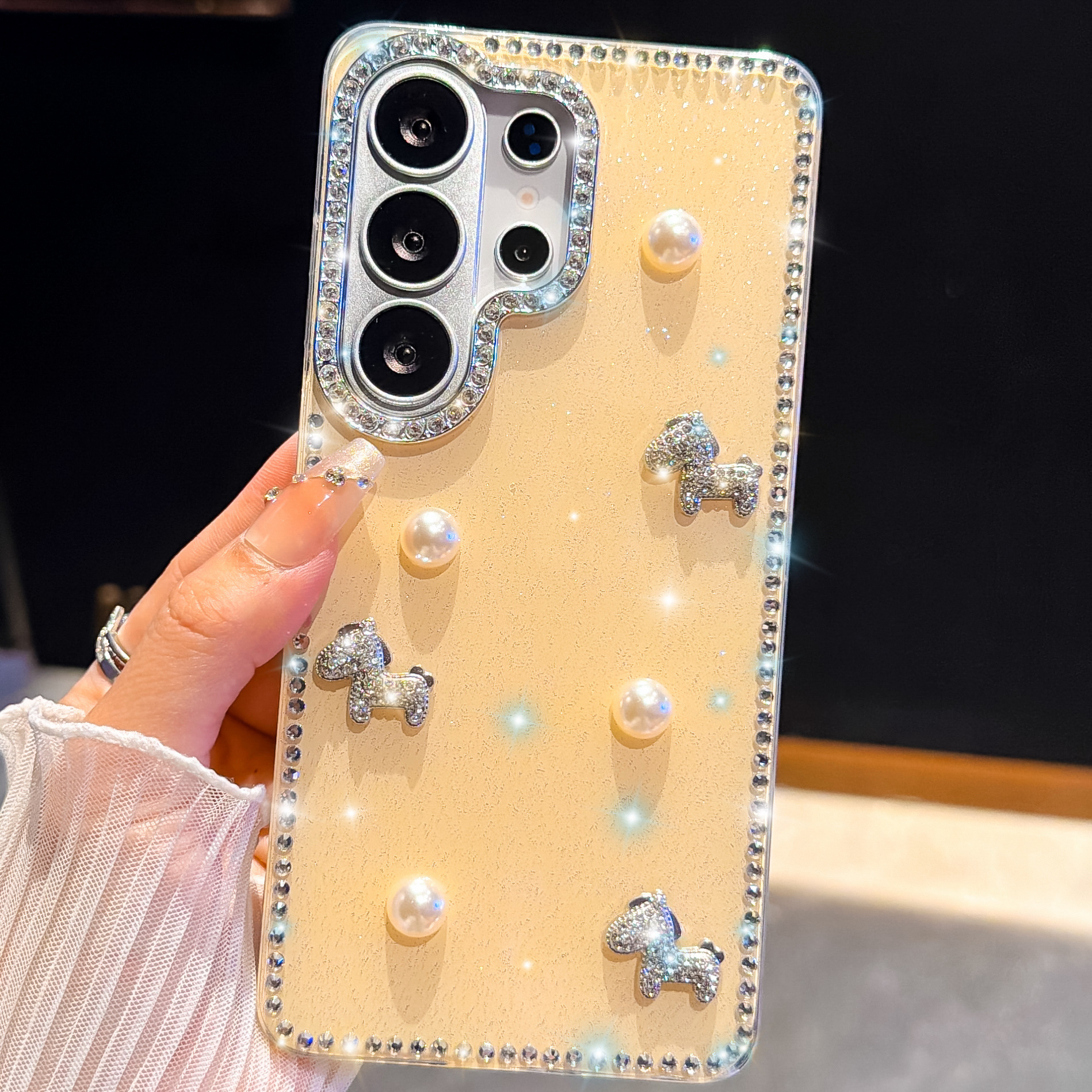 适用三星S26Ultra珍珠小马手机壳S24FE闪钻S25全包防摔DIY保护套