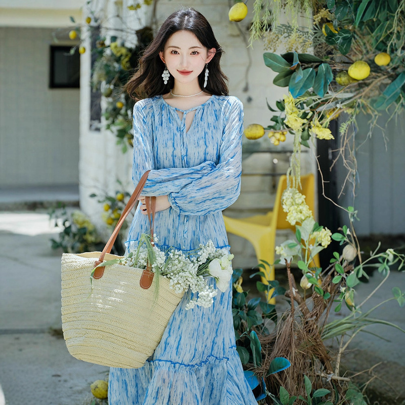 French-Style Tea Break V-Neck Maternity Long-Sleeve Dress for Women, Loose Fit, New Early Spring Waist-Cinching Slimming Elegant A-Line Long Dress