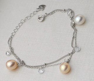 S925银手链多珠手镯手饰3珠珍珠5-9饰品diy配件空托半成品潮5378