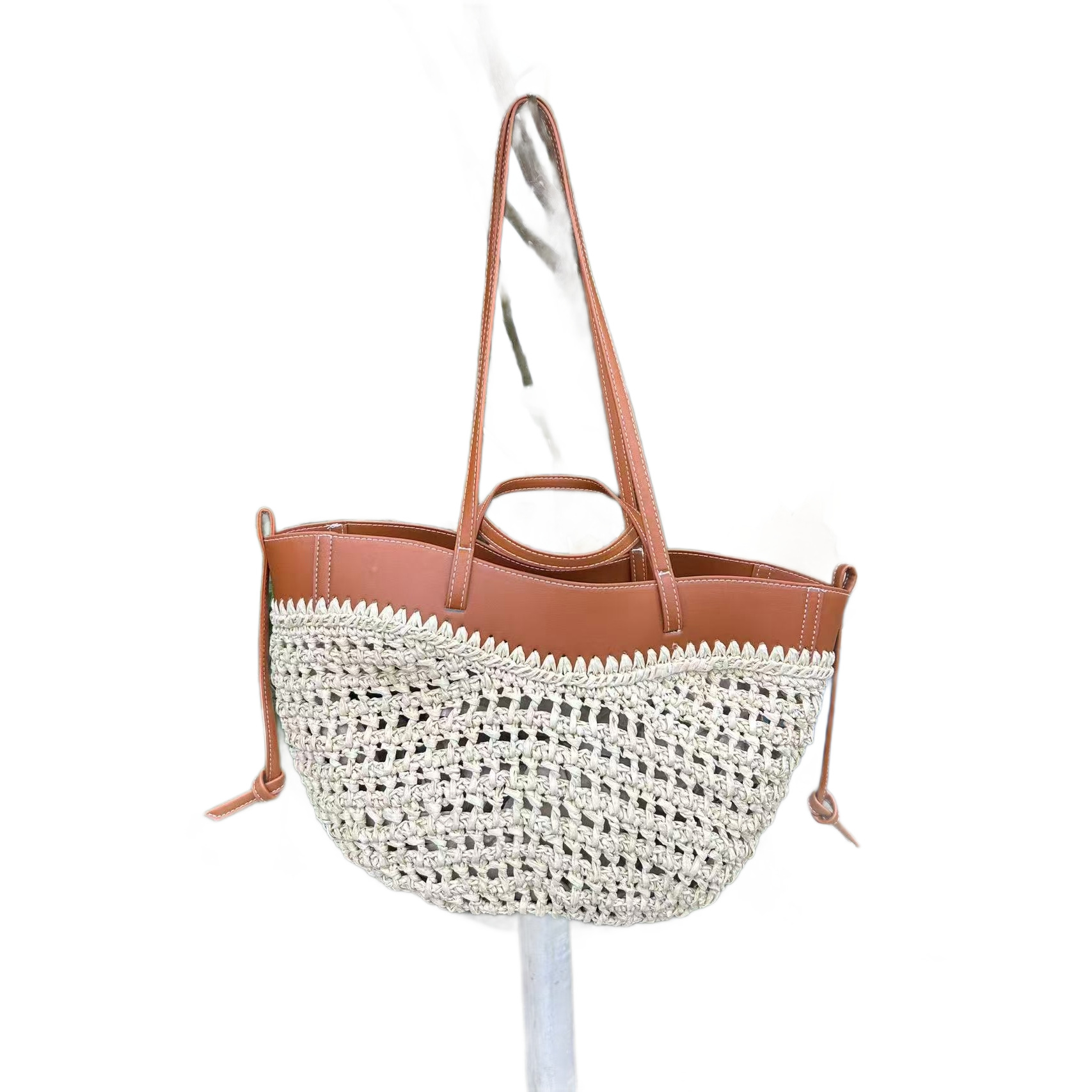 Niche Design Casual Straw Woven Tote Bag For Women New Leather Splicing Woven Bag Summer Beach Vacation Handbag - Thumbnail 5