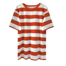 明星同款夏季新款时尚气质红白条纹圆领短袖宽松中长款T恤休闲女