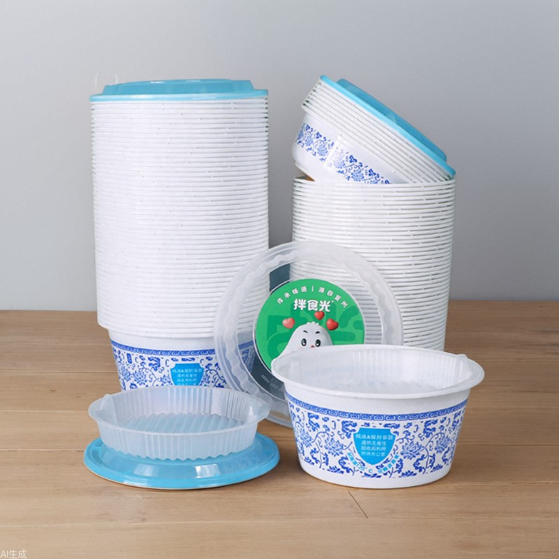 Caja de almuerzo desechable con tapa redonda tazón pequeño y mediano Caja de almuerzo de celebridades de Internet 850ml tazón azul y blanco caja de almuerzo de embalaje de comida para llevar