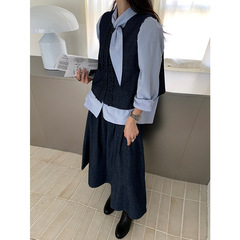 THINK十三行韩系木耳边牛仔套装女2025秋季新款马甲半身裙两件套