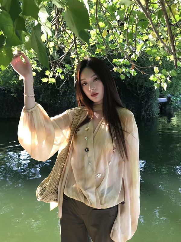 正确版！定染飘带长袖衬衫女夏季新款法式晕染灯笼袖收腰衬衣|undefined