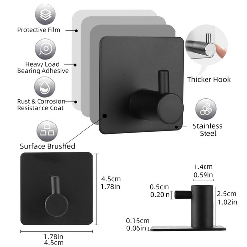 Stainless steel hook, nail-free, black sticky hook, holding-free, traceless, single hook, bathroom, kitchen, metal coat hook