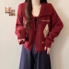 氛围感小个子韩系菱格翻领系带毛衣女冬季慵懒风宽松软糯针织开衫