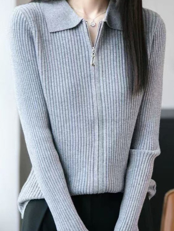 设计感双拉链针织开衫女翻领毛衣外套春秋修身显瘦长袖衬衫领上衣|undefined