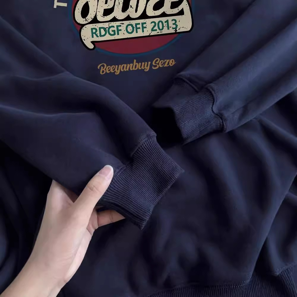 Fashion Early Autumn Winter Thin Navy Blue Hooded Sweatshirt For Women With Printed Letters Loose Casual Pullover Top_voghion.com