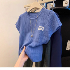 Gejia モールの同じスタイルの女性の 2025 夏ブルーアイスシルクニット半袖 Tシャツ多用途ラウンドネックショルダートップ
