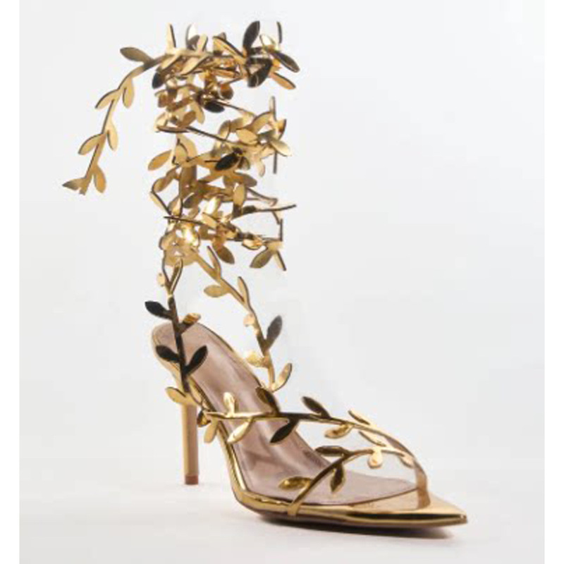 Cross-border European and American summer gold leaf long-strap high-heeled pointed-toe French-style sandals with open toes for women Cross-border European and American summer gold leaf long-strap high-heeled pointed-toe French-style sandals with open toes for women