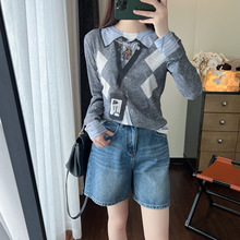 高知设计师趣味假两件3D印花工牌菱格T恤女25早秋长袖打底衫