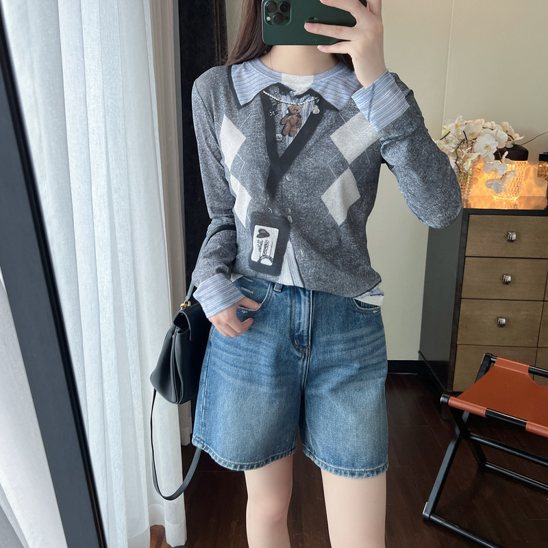 Kochi Designer Fun Fake Two-Piece 3D Printed Diamond Pattern T-Shirt for Women, Early Autumn Long Sleeve Base Shirt