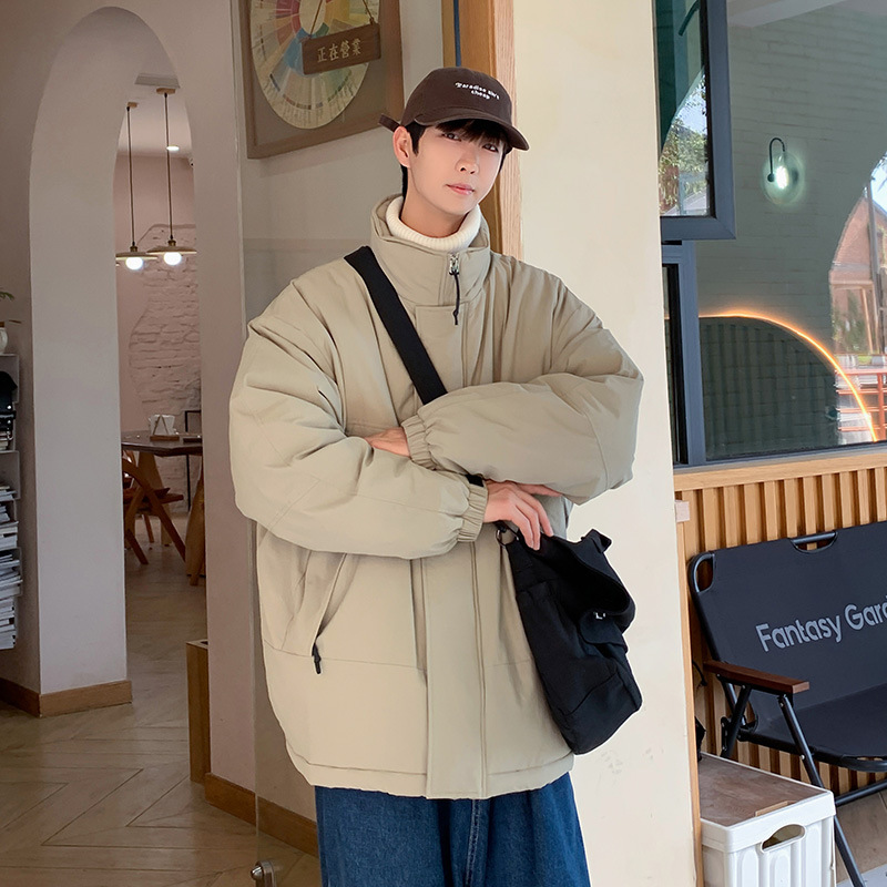高端男士棉衣立领棉服男冬季加厚保暖宽松棉衣卡其色简约潮牌外套