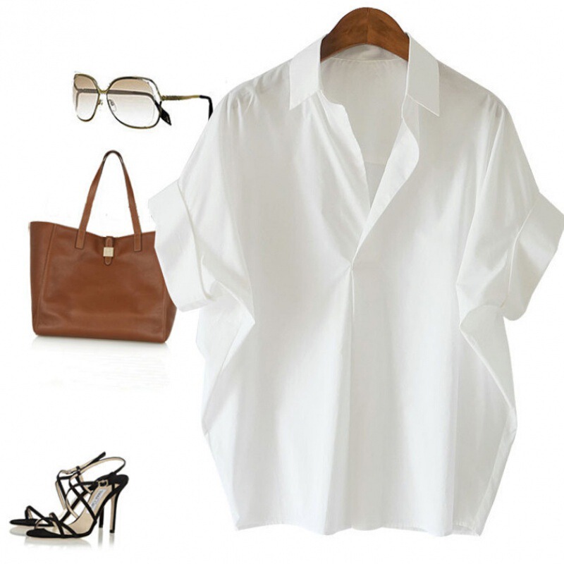 Retro Hong Kong Style Short-Sleeved Shirt for Women Summer New Style Versatile White Shirt Loose Bat Sleeve Collar Top