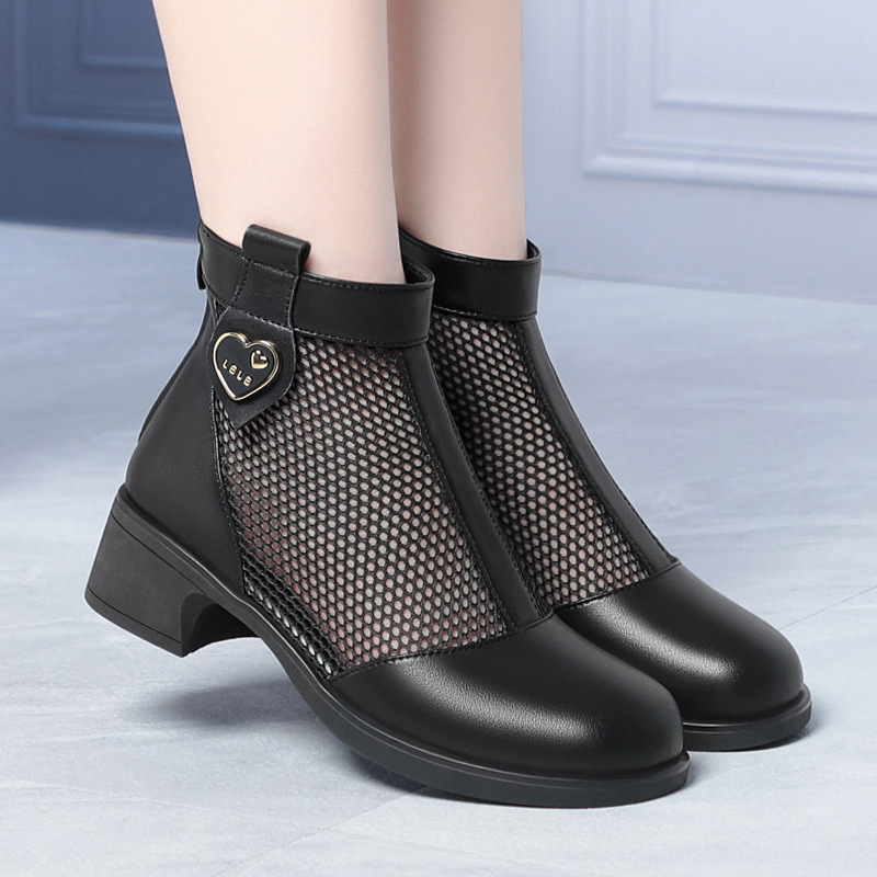 Boot nữ cổ thấp da lưới gót thấp thoáng khí, đế thô chắc chắn — màu đen