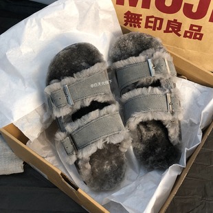 [In stock] gray thick-soled Boken shoes autumn and winter fleece-lined high-grade women's genuine leather outer wear woolen slippers flat shoes