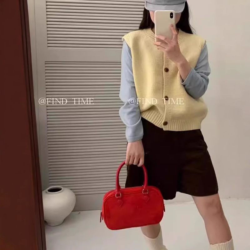 Ankora Red Stacked Knitted Sweater Vest Cardigan Women's Autumn and Winter Outer Waistcoat Loose Short Vest